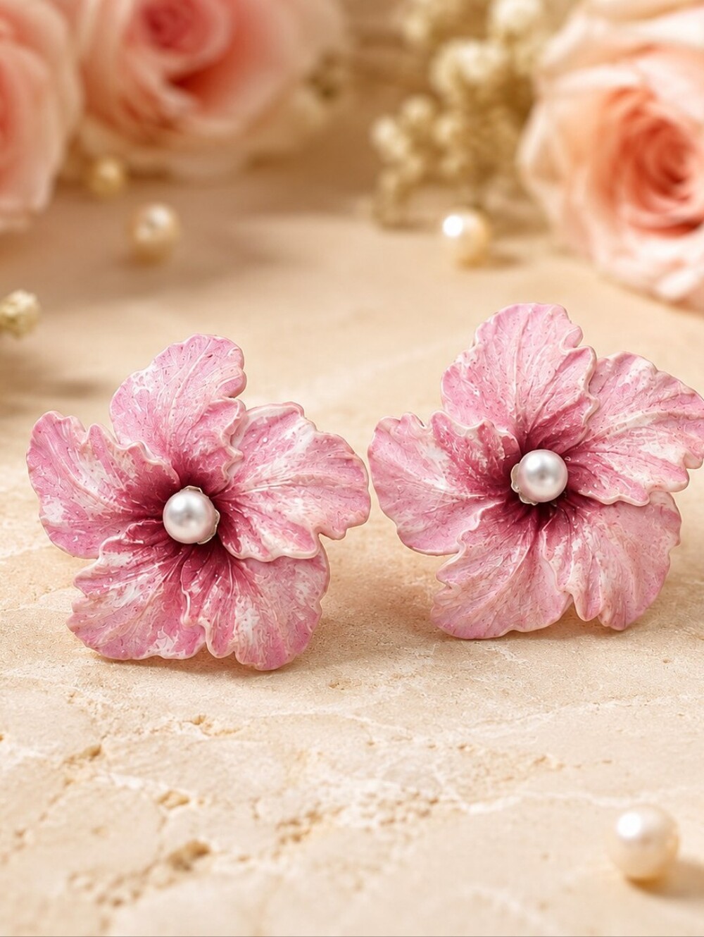 1950s West German Pink Molded Flower Clip-on Earrings - Picture 1 of 6